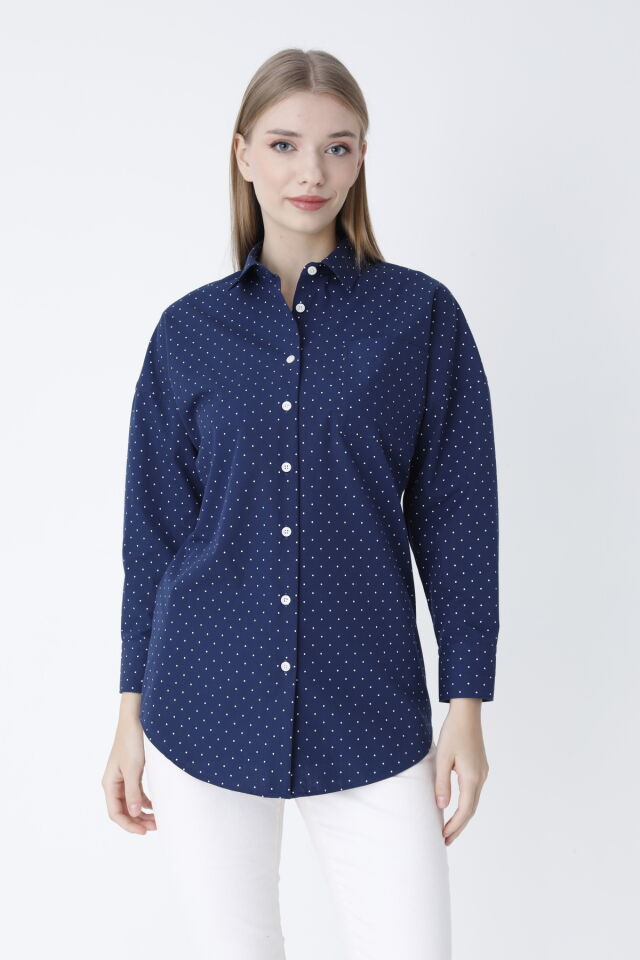 LACİVERT PUANTİYELİ KADIN GÖMLEK Lacivert - S