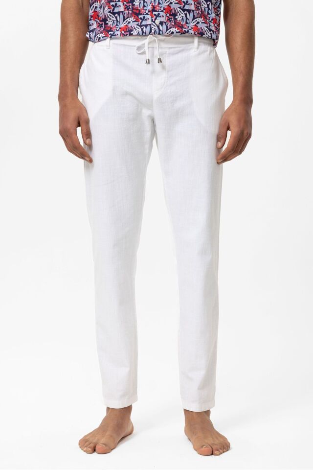 Beyaz Keten Karışımlı Bağcıklı Erkek Pantolon BEYAZ - XL