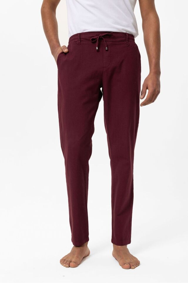 Vişne Çürüğü Keten Karışımlı Bağcıklı Erkek Pantolon VİŞNE ÇÜRÜĞÜ - 2XL