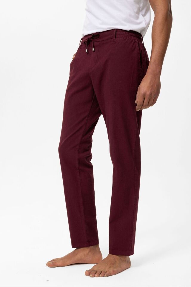 Vişne Çürüğü Keten Karışımlı Bağcıklı Erkek Pantolon VİŞNE ÇÜRÜĞÜ - 2XL