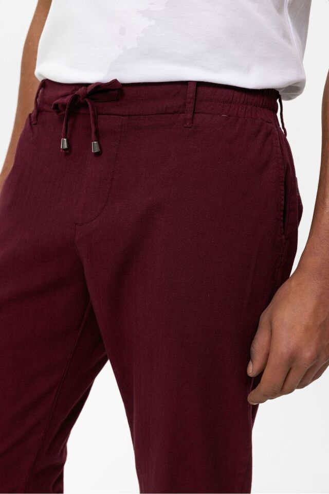 Vişne Çürüğü Keten Karışımlı Bağcıklı Erkek Pantolon VİŞNE ÇÜRÜĞÜ - 2XL