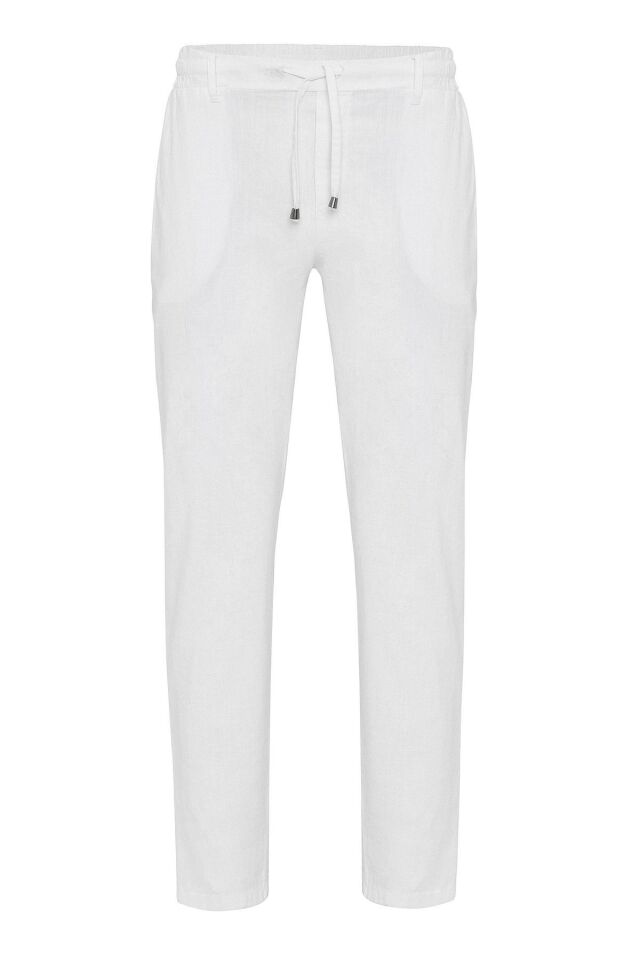 Beyaz Keten Karışımlı Bağcıklı Erkek Pantolon